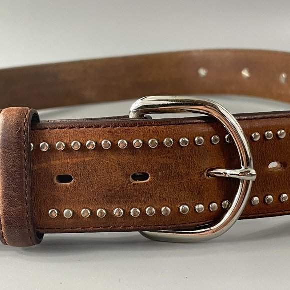 Tony Lama Brown Leather Silver-tone Studded Belt, Size 38 - Picture 2 of 13